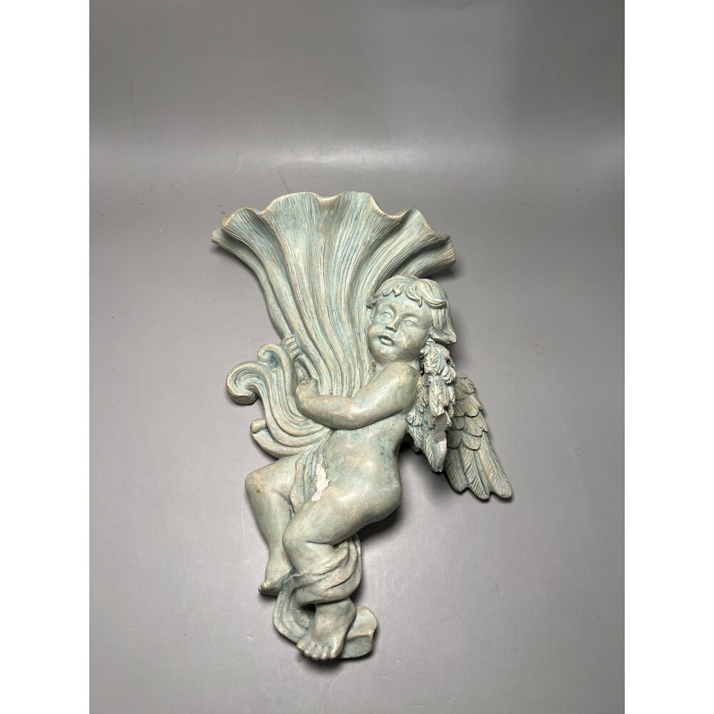 Cherub Wall Sculpture Shell Sconce Green Resin Angel Decor Small Wall Art